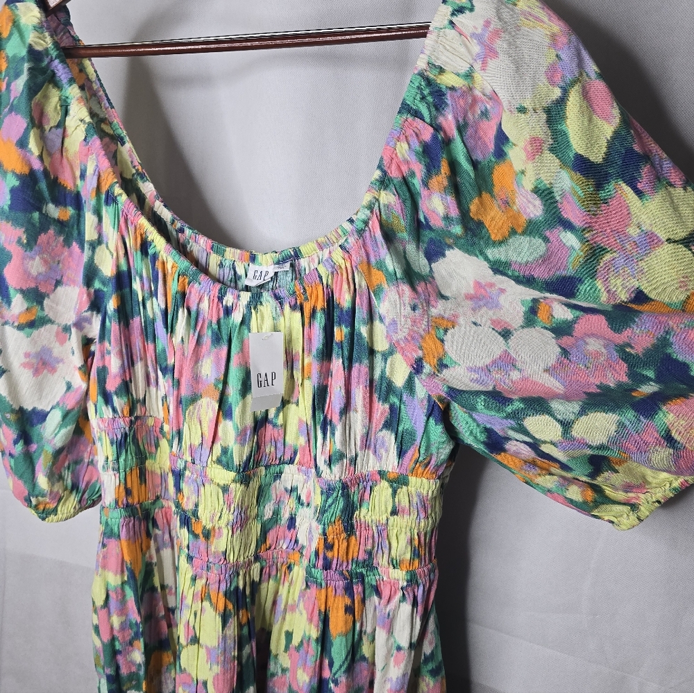 Gap Smocked Waist Dress Puff Sleeve Floral Multicolor Above Knee 2XL - Picture 4 of 10